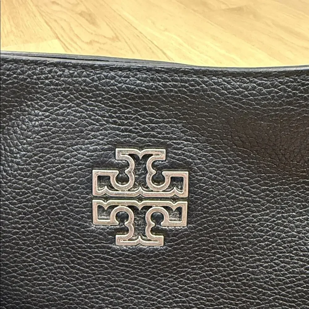 Tory Burch Britten Small Slouchy Tote Bag in Black Leather and Silver Hardware